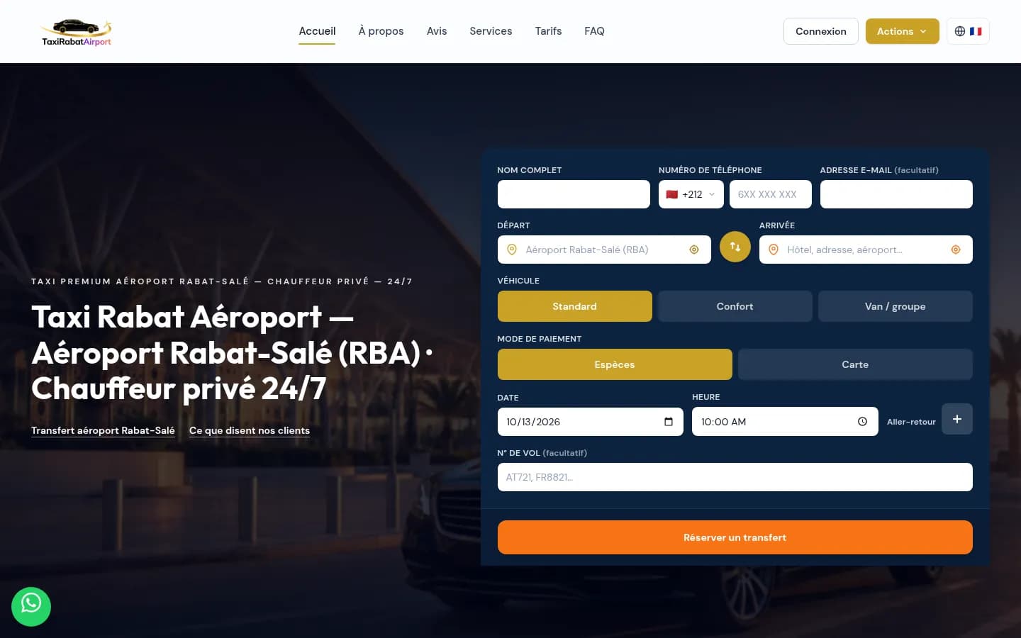 Page d'accueil du site Taxi Rabat Aéroport